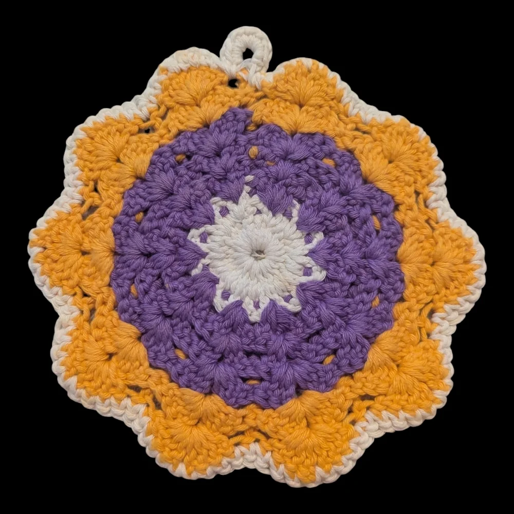 Vintage Granny Core 2 Purple Yellow White Crocheted Flower Potholders